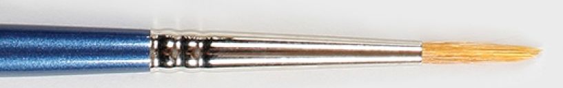 Detail of a small paintbrush with a blue handle and fine bristles, ideal for glazing and decorating ceramics.