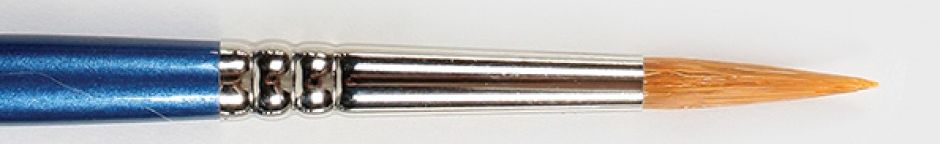 Detail of a fine-tipped ceramic paintbrush with a blue handle, ideal for glazing and decorating pottery.