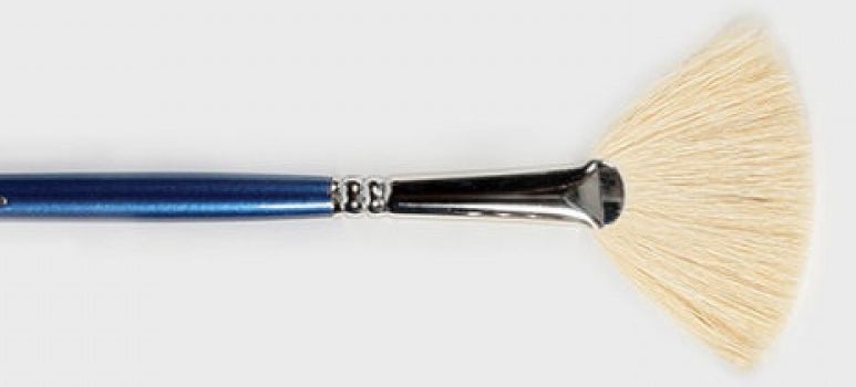 Ceramic fan brush with a blue handle, designed for applying glazes or detailing on pottery and clay sculptures.