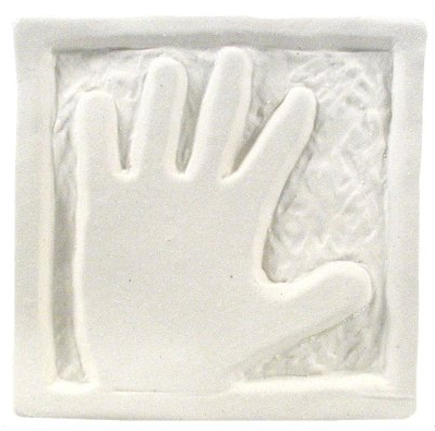 A white ceramic handprint ornament with textured background, used for casting or decorative ceramic projects at Georgies.