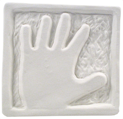 White bisque clay tile featuring a raised hand imprint, ready for glazing or decorating in ceramic art projects.