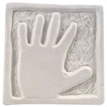 Handprint impression in white clay, featuring textured background, ideal for personalized ceramic projects or educational activities.