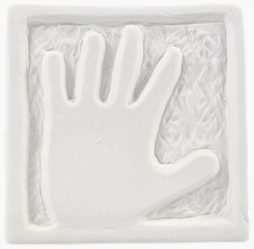 A white ceramic handprint impression tile with textured background for clay art projects or decorative plaster casting.