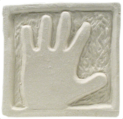 Hand print in soft white clay, set in a square mold with textured background, ideal for ceramic casting projects.