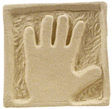 Handprint impression in clay surrounded by textured patterns, showcasing a ceramic molding technique suitable for educational programs.