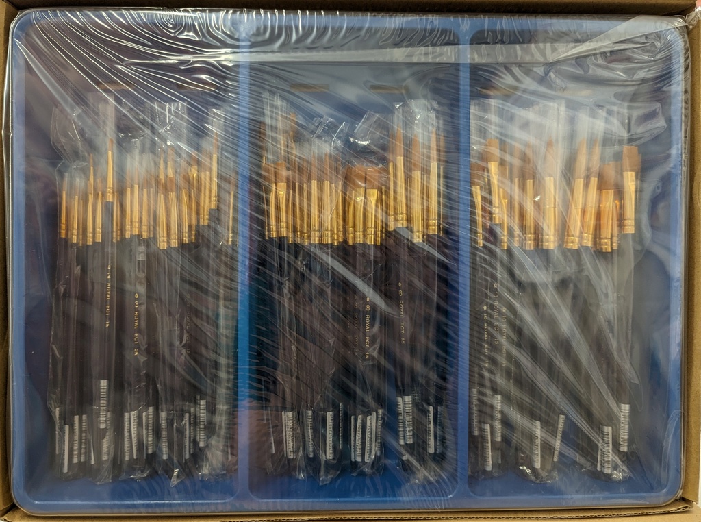 A box containing various ceramic painting brushes, securely packaged, featuring gold-tipped bristles and sturdy handles.