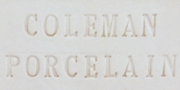 Coleman Porcelain embossed text on a light-colored surface, showcasing high-quality ceramic material for pottery projects.