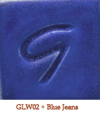 GLW02 Blue Jeans glaze sample displaying a deep blue color with a gloss finish, ideal for ceramics and pottery applications.