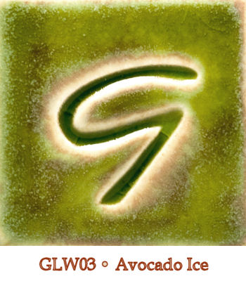 Gorgeous green glaze labeled GLW03 Avocado Ice, featuring a signature G design, showcasing a smooth ceramic finish.