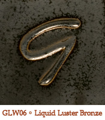 Liquid Luster Bronze GLW06 glaze sample, showcasing a metallic bronze sheen on a dark ceramic surface.