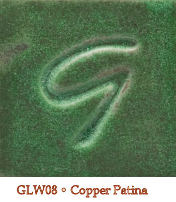 Green and textured ceramic glaze sample labeled GLW08 - Copper Patina, showcasing a rich, deep green color with subtle variations.