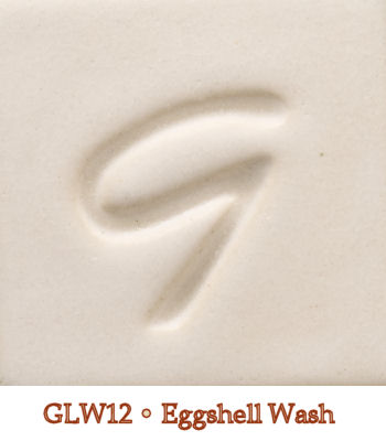 Eggshell Wash GLW12 color sample featuring a soft, creamy finish ideal for ceramics, showcasing a stamped G texture.