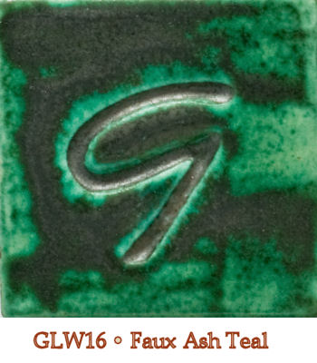 Faux Ash Teal glaze sample tile with a glossy green-blue surface and texture, labeled GLW16 from Georgies Ceramic & Clay Company.