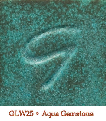A close-up of GLW25 Aqua Gemstone glaze, showcasing a rich turquoise color with a subtle texture and sheen.
