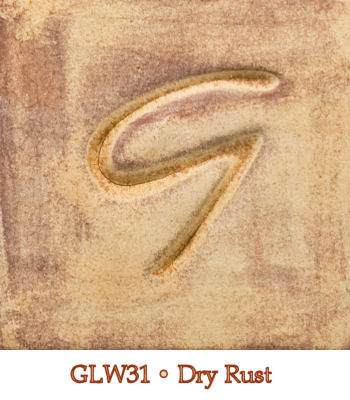 GLW31 Dry Rust ceramic glaze sample with textured surface featuring a stylized G design, showcasing earthy tones.