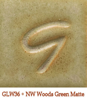GLW36 NW Woods Green Matte glaze sample showcasing a textured surface with warm green and brown tones.