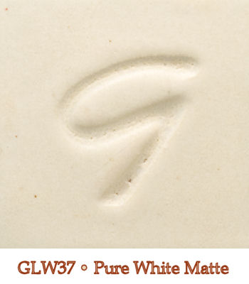 Pure White Matte glaze GLW37 with a smooth, unglazed surface featuring a subtle imprint of a stylized G.