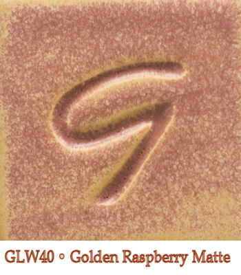 GLW40 Golden Raspberry Matte glaze sample with a textured surface and embossed 'G' design, showcasing warm pinkish-brown hues.