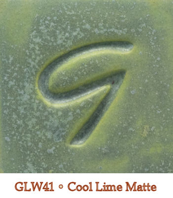 Matte glaze sample labeled GLW41, featuring a textured surface in a greenish hue with a subtle sheen.