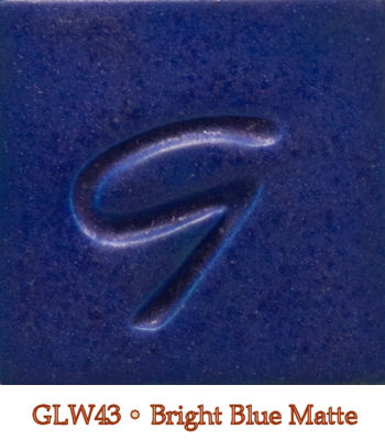 Bright blue matte glaze sample labeled GLW43, showcasing a rich, vibrant color ideal for pottery and ceramic projects.