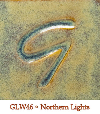 GLW46 Northern Lights glaze swatch featuring graduated blue and gold tones with a smooth texture and distinct G carving.