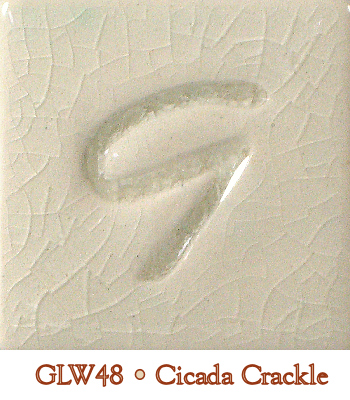 Creamy white ceramic glaze sample labeled GLW48 Cicada Crackle with a textured crackle finish and glossy surface.