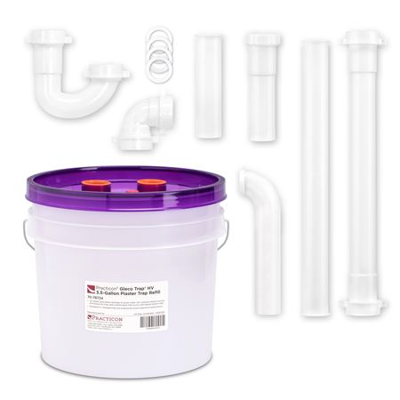 Purple bucket of Practicon's Gloo Trap IV with white plumbing fittings for ceramic studio drainage systems.