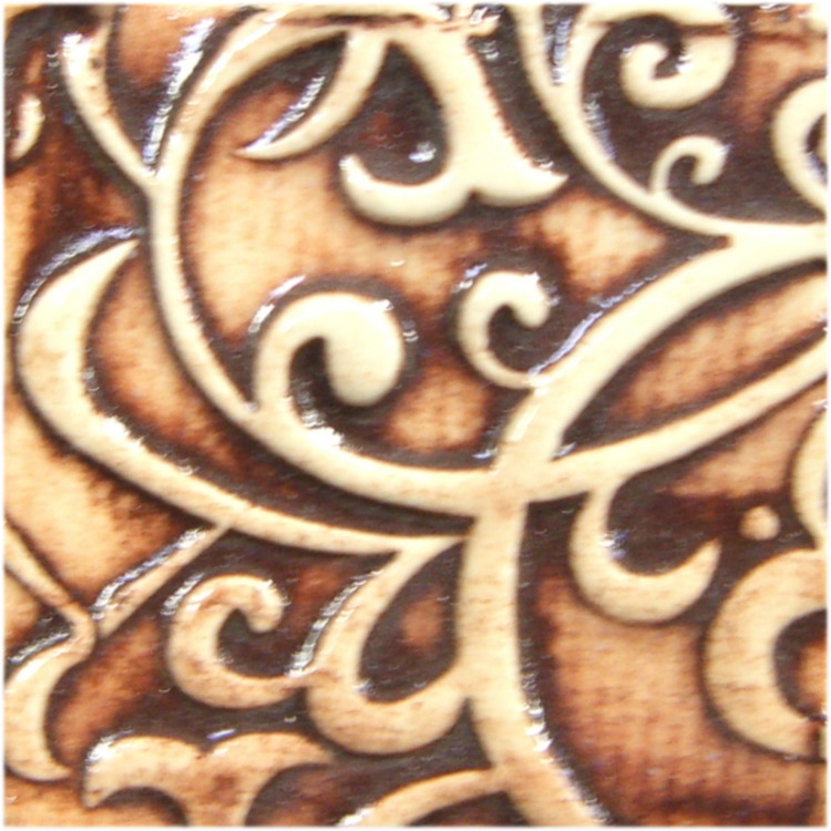 Detailed close-up of a textured, brown and cream ceramic tile featuring swirling patterns and decorative flourishes.