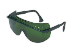 Green safety glasses designed for pottery and ceramic studio use, protecting eyes during glazing and firing processes.