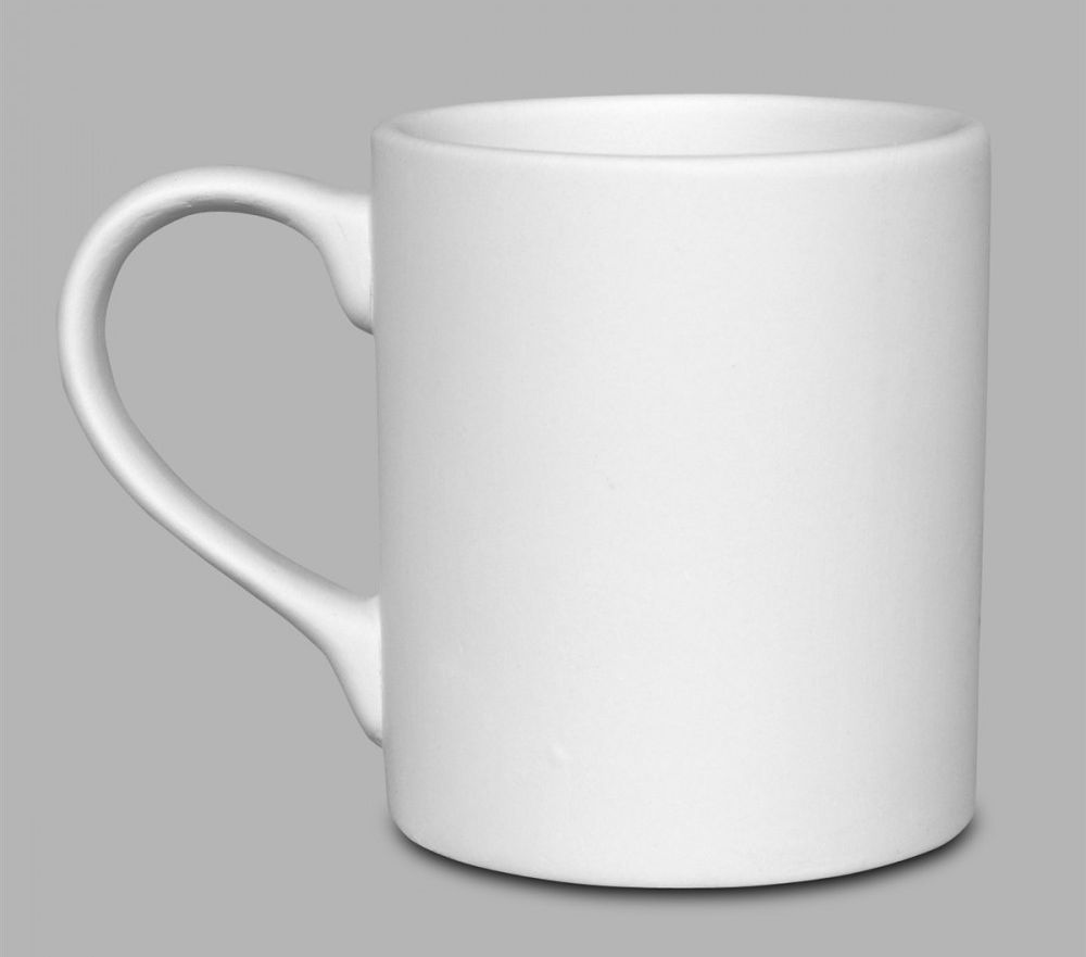 White ceramic mug with a smooth surface and a curved handle, suitable for glazing and decorative techniques.