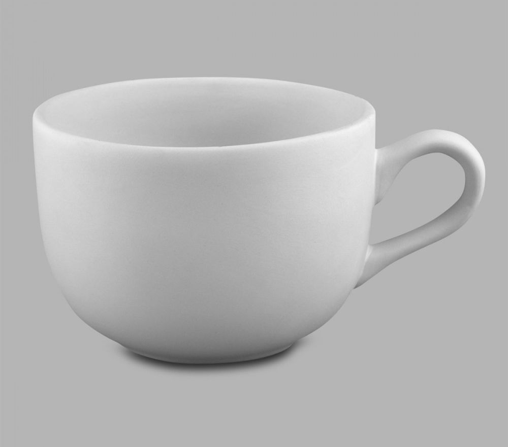 White ceramic cup with a smooth finish, ideal for glazing and personal decoration in pottery projects.
