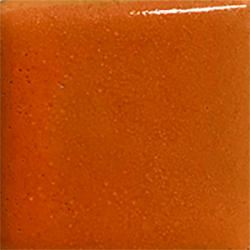 Glossy orange pottery glaze sample with fine speckles, ideal for decorative ceramics and stoneware applications.