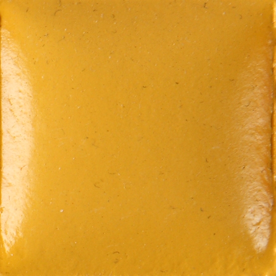 Glossy yellow ceramic glaze swatch, showcasing even color and smooth texture, ideal for pottery and decorative pieces.