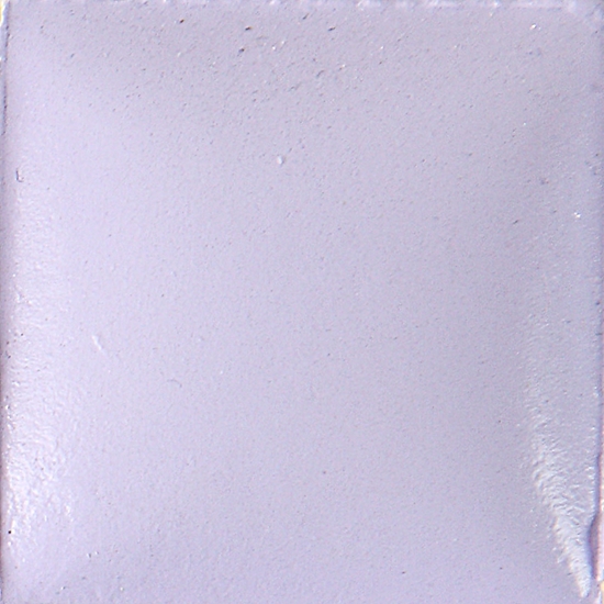 Pale lavender ceramic glaze sample on a square tile, showcasing a smooth and glossy finish, ideal for pottery decoration.