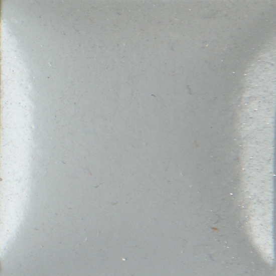 Light gray ceramic glaze sample on a square tile, showing subtle variations and a glossy finish, ideal for pottery decoration.
