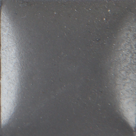 Glossy dark gray ceramic glaze sample square displaying smooth texture and subtle shine, ideal for pottery and sculpture.