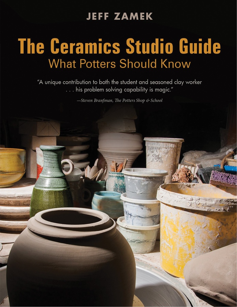 Image of pottery studio with various ceramic vessels, tools, and a book titled The Ceramics Studio Guide by Jeff Zamek.