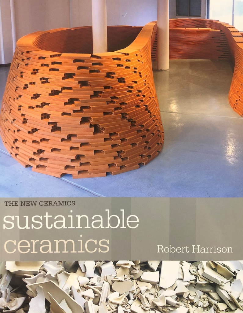 Sculptural ceramic installation made of interlocking clay pieces in earthy tones, featured in Sustainable Ceramics book.