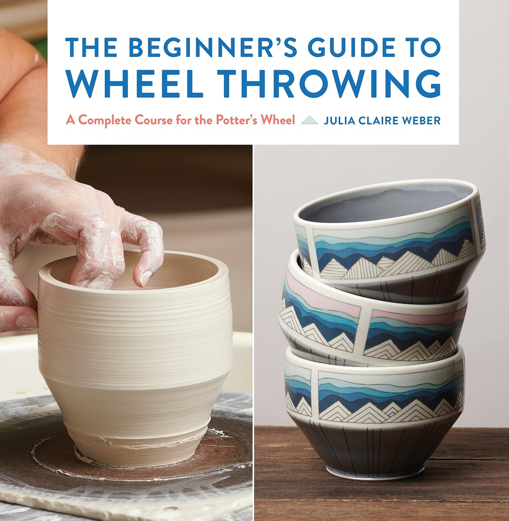 A potter shaping a beige clay bowl on a wheel, alongside decorative stacked bowls with blue and pink mountain designs.