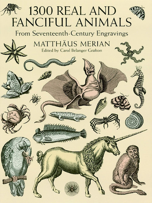 Illustration of various real and mythical animals from a 17th-century engraving collection, showcasing intricate details and lines.