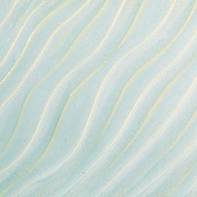 Light blue ceramic glaze with wavy texture and subtle white streaks, ideal for pottery and decorative applications.