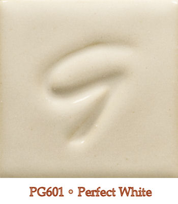 Color swatch of PG601 Perfect White glaze, a smooth, creamy white suitable for various ceramic finishes.