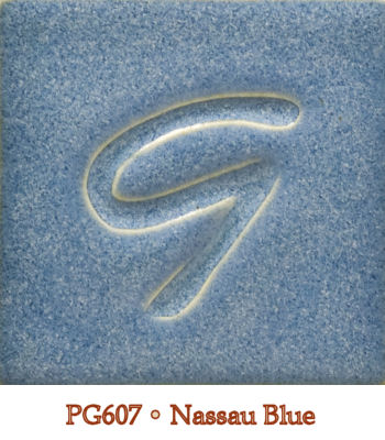 Sample of PG607 Nassau Blue ceramic glaze with a smooth, textured surface and an embossed letter G.