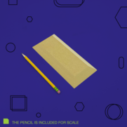 Beige ceramic clay slab with a yellow pencil for scale, set against a blue background with geometric shapes.