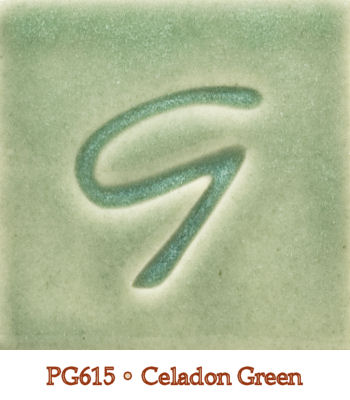 Celadon Green glaze sample PG615 featuring a smooth, glossy finish with a stylized letter G embossed.