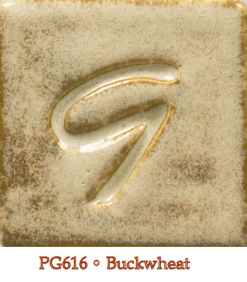 Square ceramic tile showcasing PG616 Buckwheat glaze with a glossy, tan surface and textured white detailing.