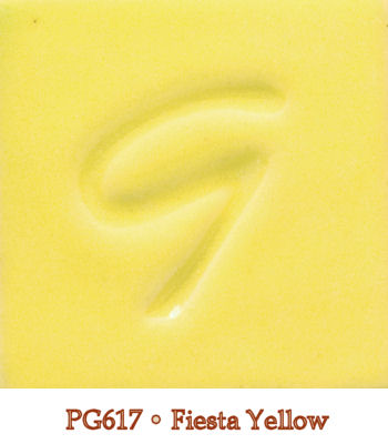 Color swatch of PG617 Fiesta Yellow glaze, featuring a smooth yellow surface with a distinct ‘G’ imprint, ideal for pottery.