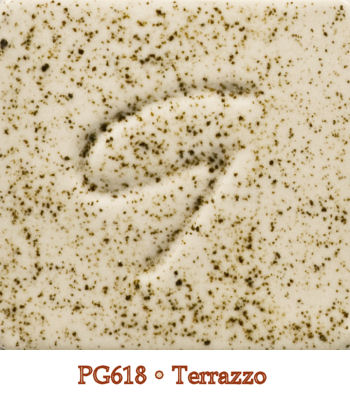 Textured ceramic glaze sample labeled PG618 Terrazzo, featuring a speckled tan surface with earthy brown flecks.