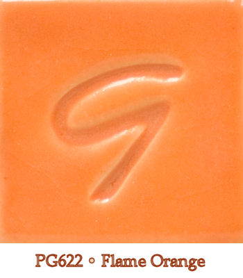 Color swatch of PG622 Flame Orange glaze, showcasing a vibrant orange hue with a distinctive embossed 'G' logo.