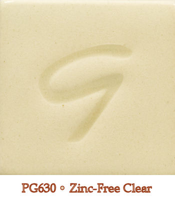 Zinc-Free Clear glaze sample PG630 with a subtle glossy finish and embossed letter 'G' on a square tile.